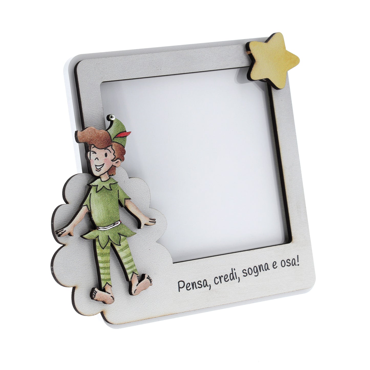 Portafoto in legno Peter Pan con dettagli argentati. Dimensione 12x11,6 cm