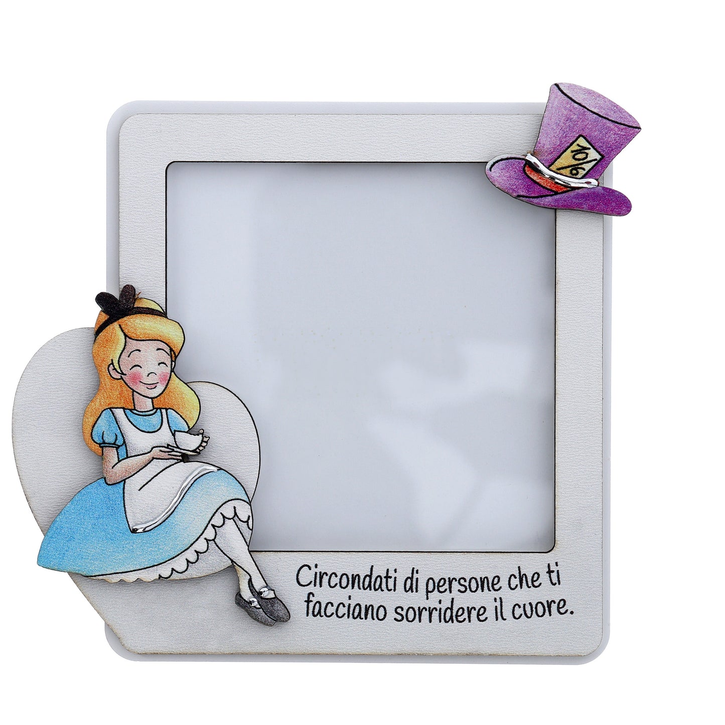Portafoto in legno Alice nel paese delle meraviglie con dettagli argentati. Dimensione 12x11,6 cm