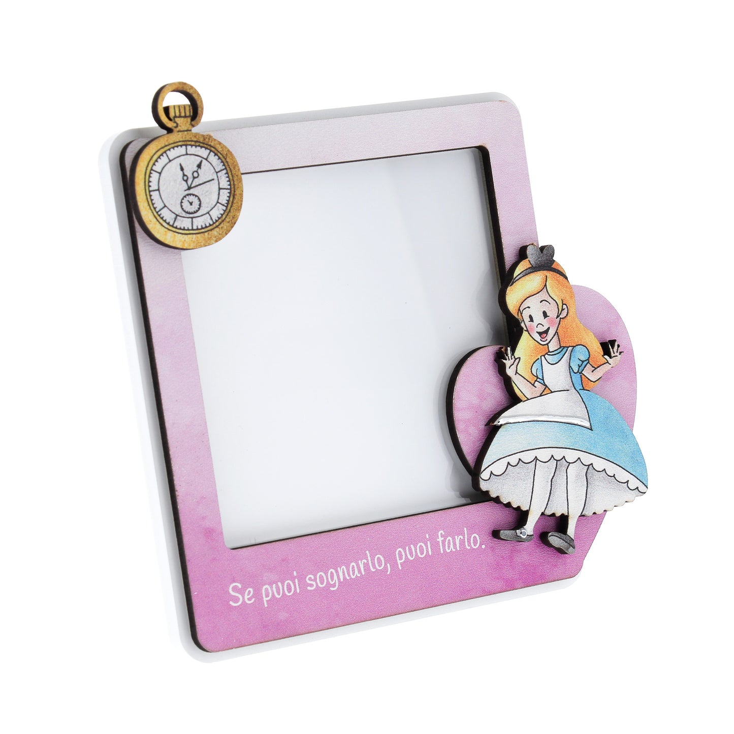 Portafoto in legno Alice nel paese delle meraviglie con dettagli argentati. Dimensione 12x11,6 cm
