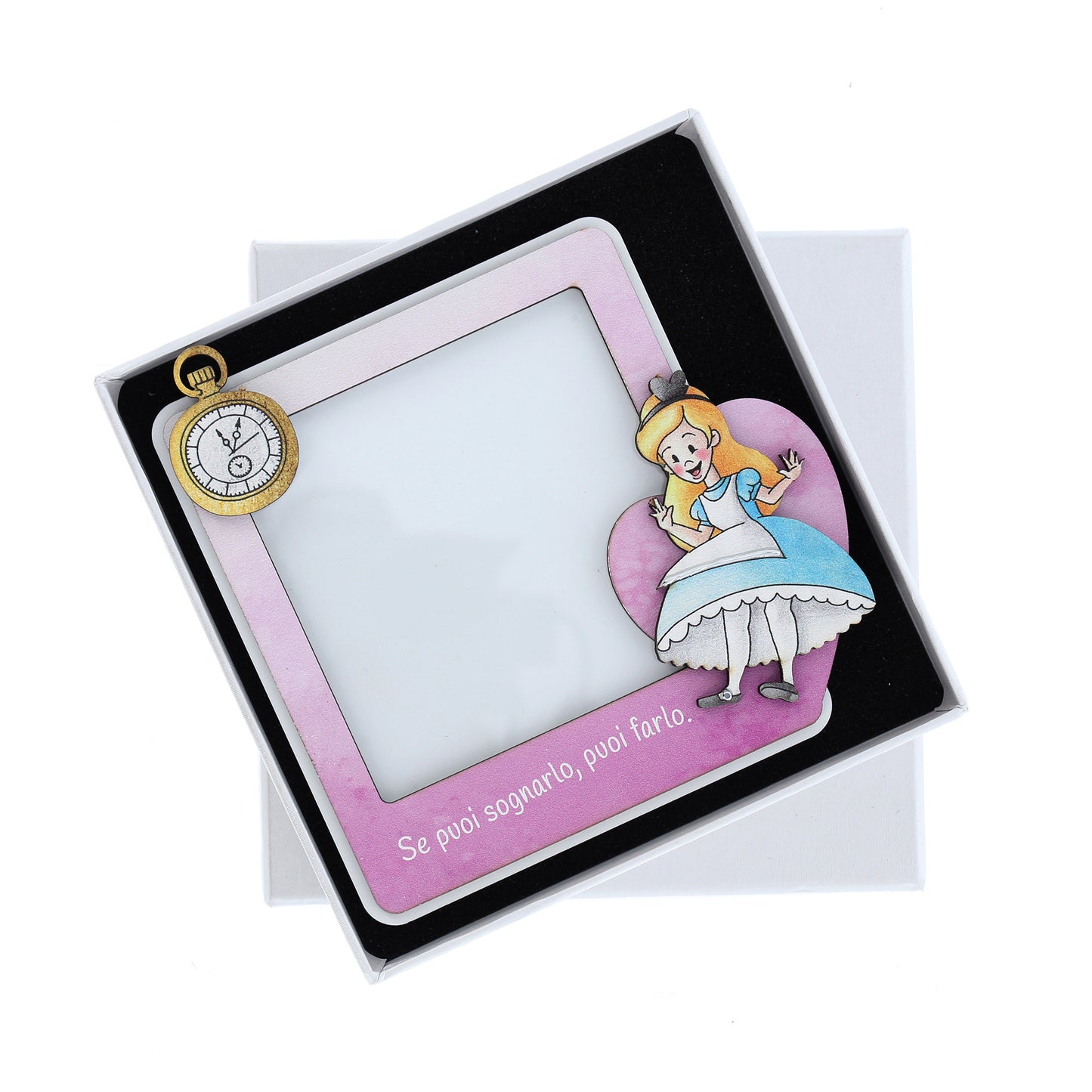 Portafoto in legno Alice nel paese delle meraviglie con dettagli argentati. Dimensione 12x11,6 cm
