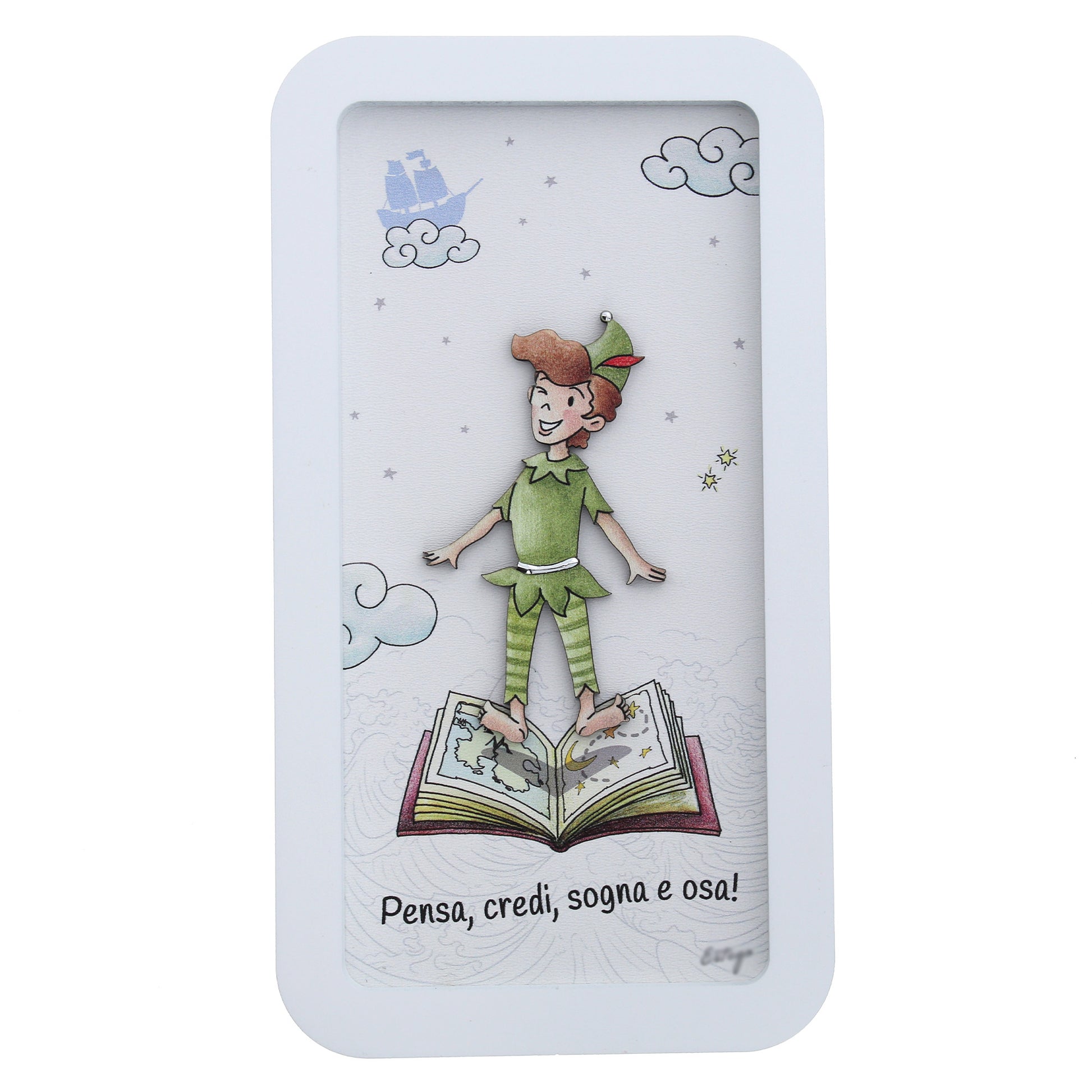 Quadro in legno con dettagli argentati soggetto Peter Pan. Dimensione 12x22 cm