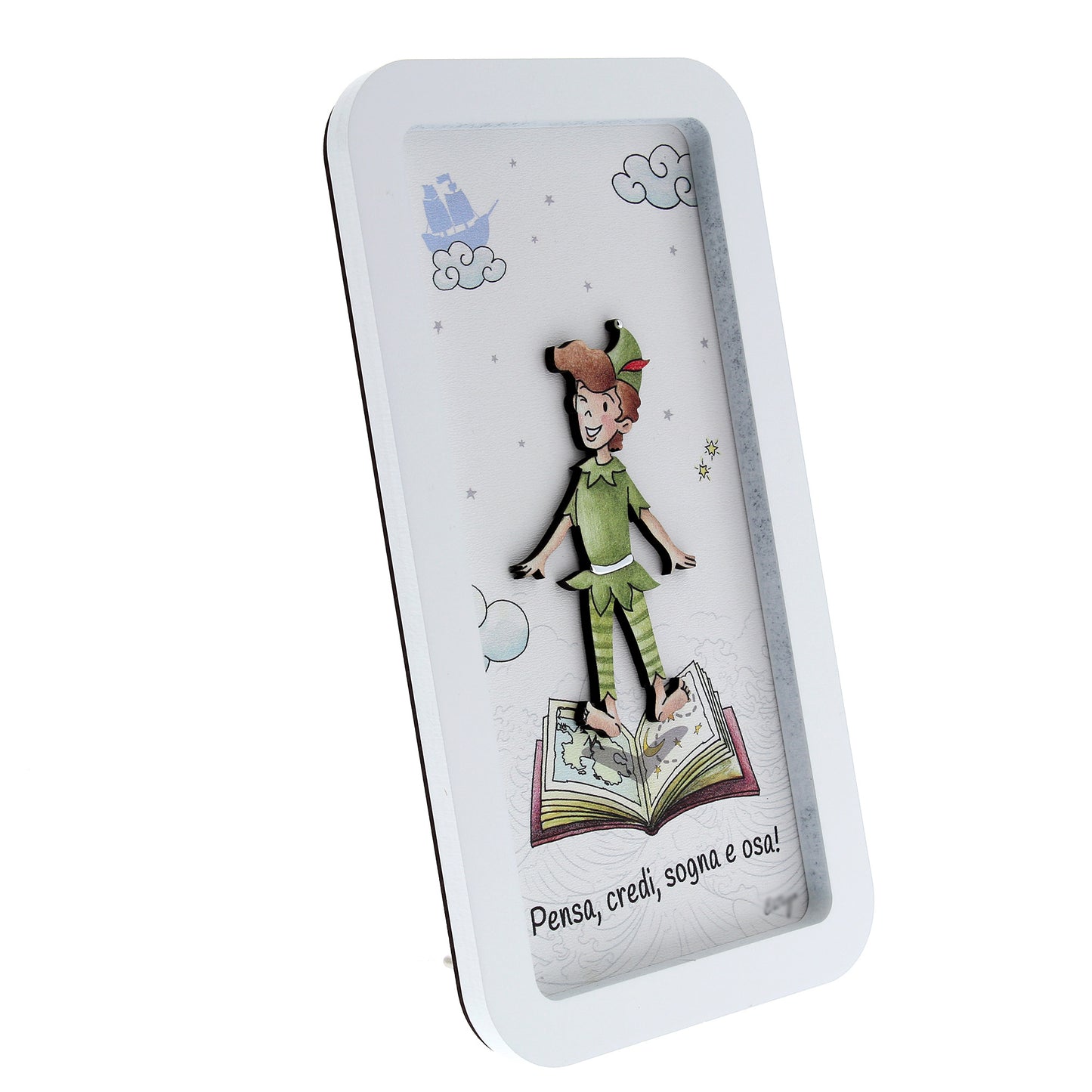 Quadro in legno con dettagli argentati soggetto Peter Pan. Dimensione 12x22 cm