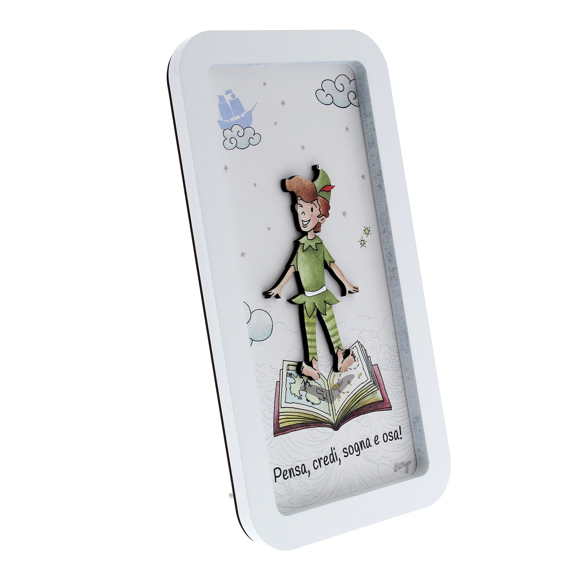 Quadro in legno con dettagli argentati soggetto Peter Pan. Dimensione 12x22 cm