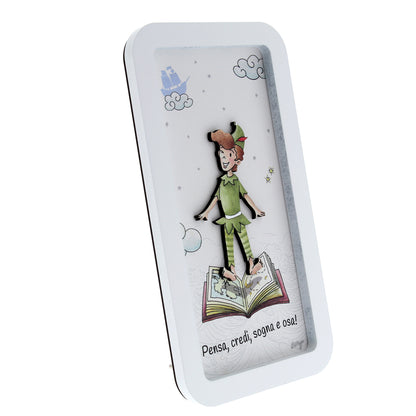 Quadro in legno con dettagli argentati soggetto Peter Pan. Dimensione 12x22 cm