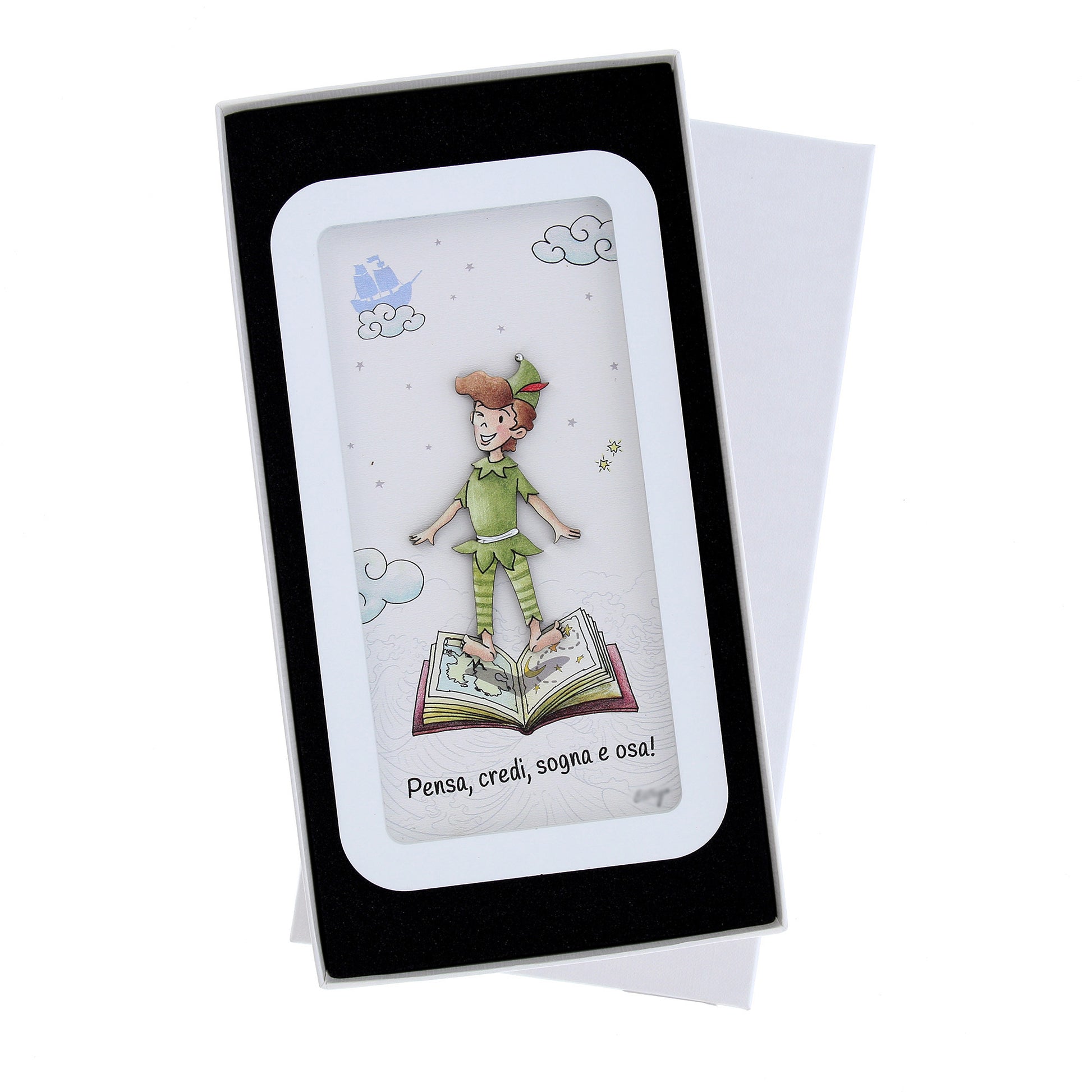 Quadro in legno con dettagli argentati soggetto Peter Pan. Dimensione 12x22 cm
