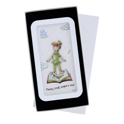 Quadro in legno con dettagli argentati soggetto Peter Pan. Dimensione 12x22 cm