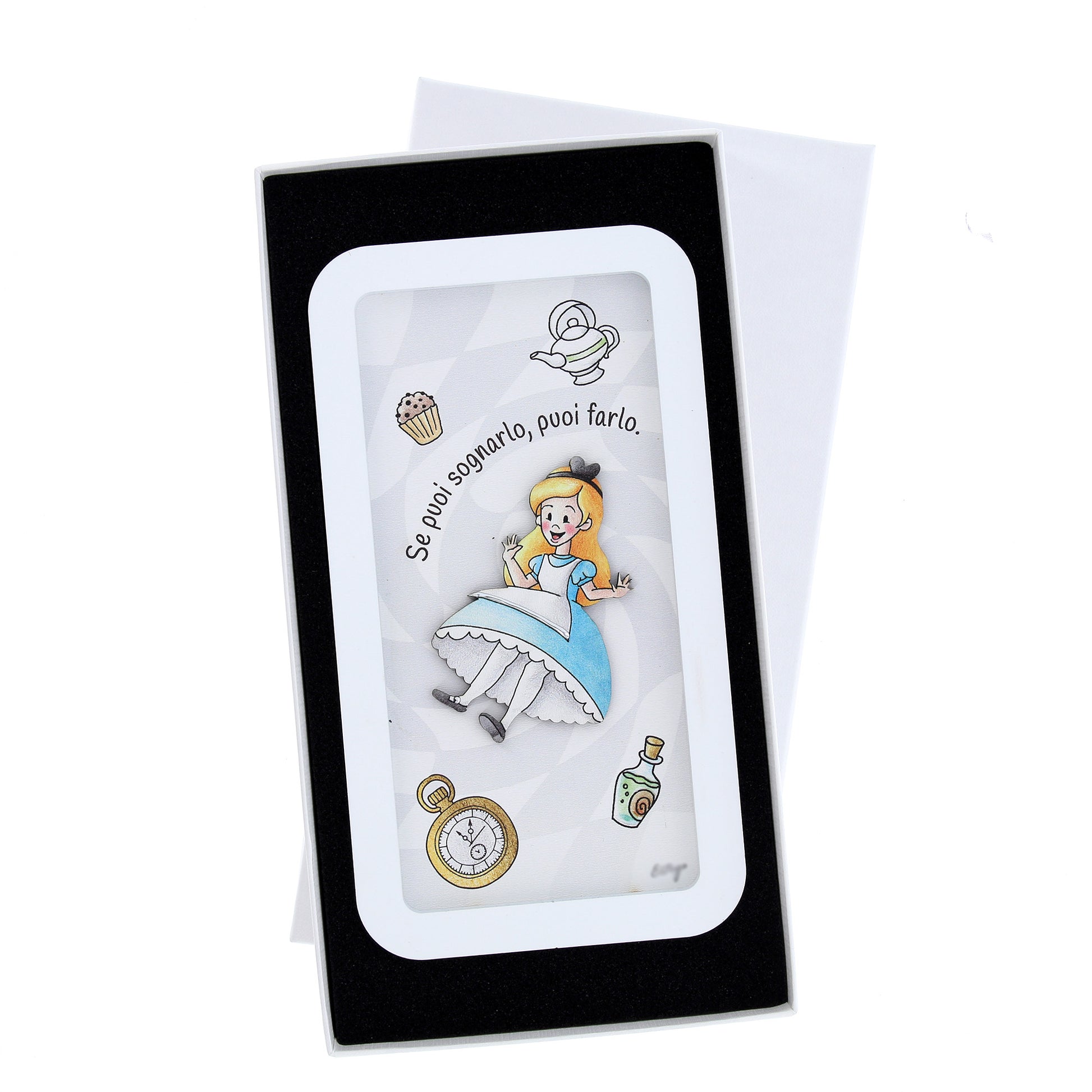 Quadro in legno con dettagli argentati soggetto Alice nel paese delle Meraviglie. Dimensione 12x22 cm