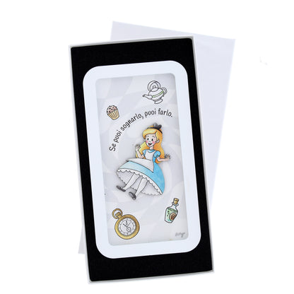 Quadro in legno con dettagli argentati soggetto Alice nel paese delle Meraviglie. Dimensione 12x22 cm