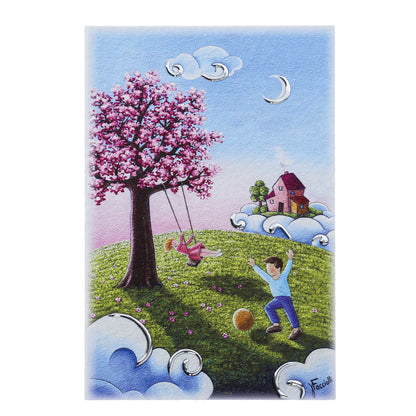 Quadro in legno con dettagli argentati soggetto Bimbi in fiore. Dimensioni 10x15 cm