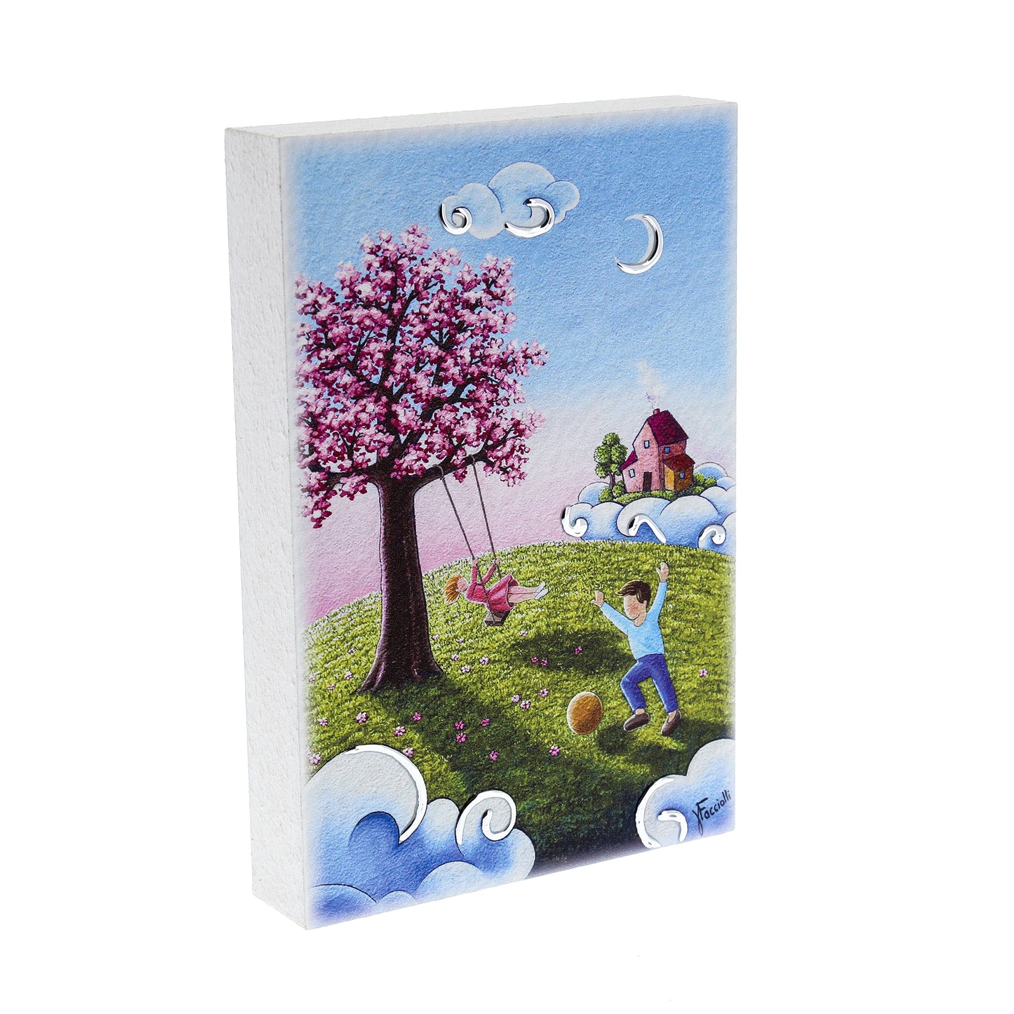 Quadro in legno con dettagli argentati soggetto Bimbi in fiore. Dimensioni 10x15 cm
