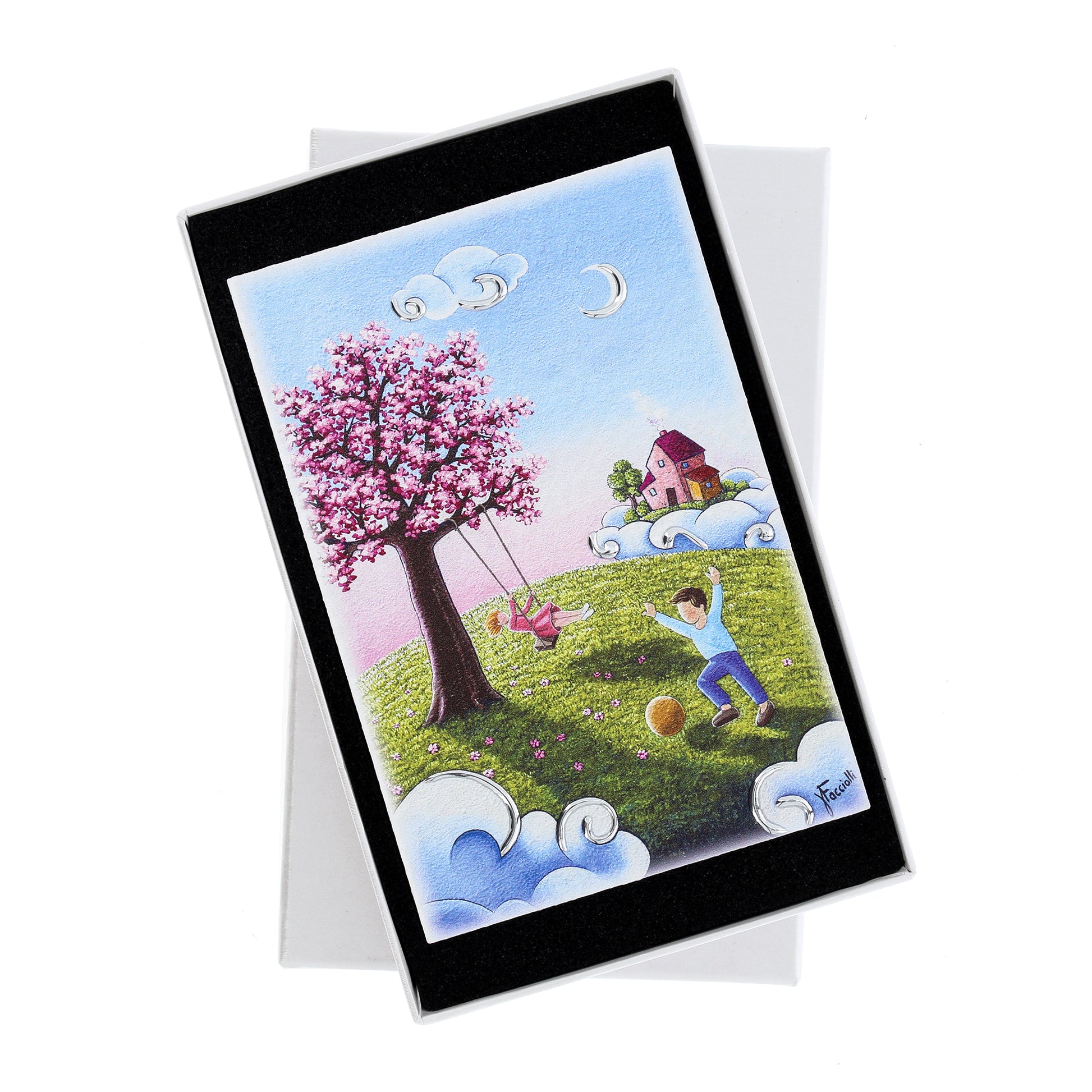 Quadro in legno con dettagli argentati soggetto Bimbi in fiore. Dimensioni 10x15 cm