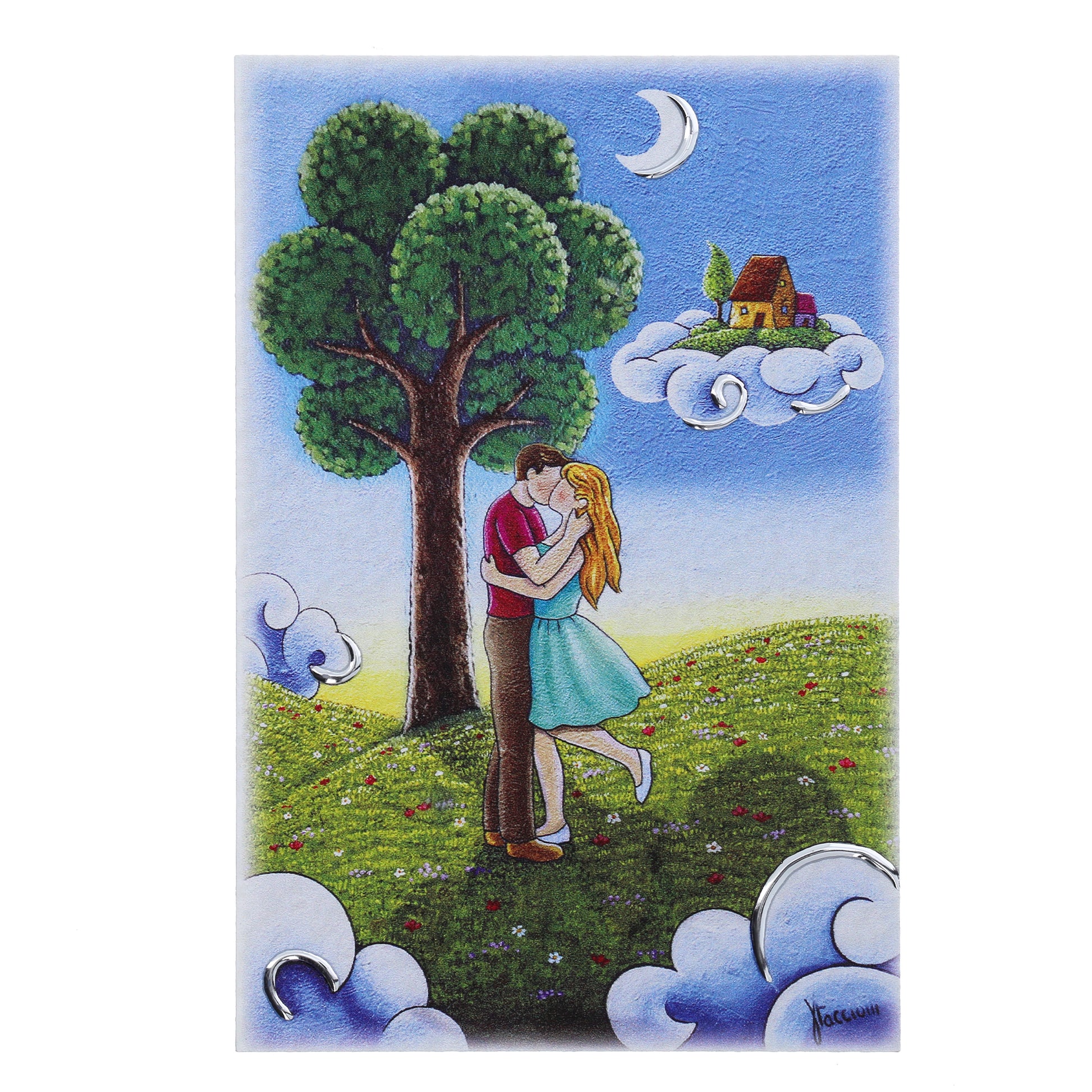 Quadro in legno con dettagli argentati soggetto Il bacio. Dimensioni 10x15 cm