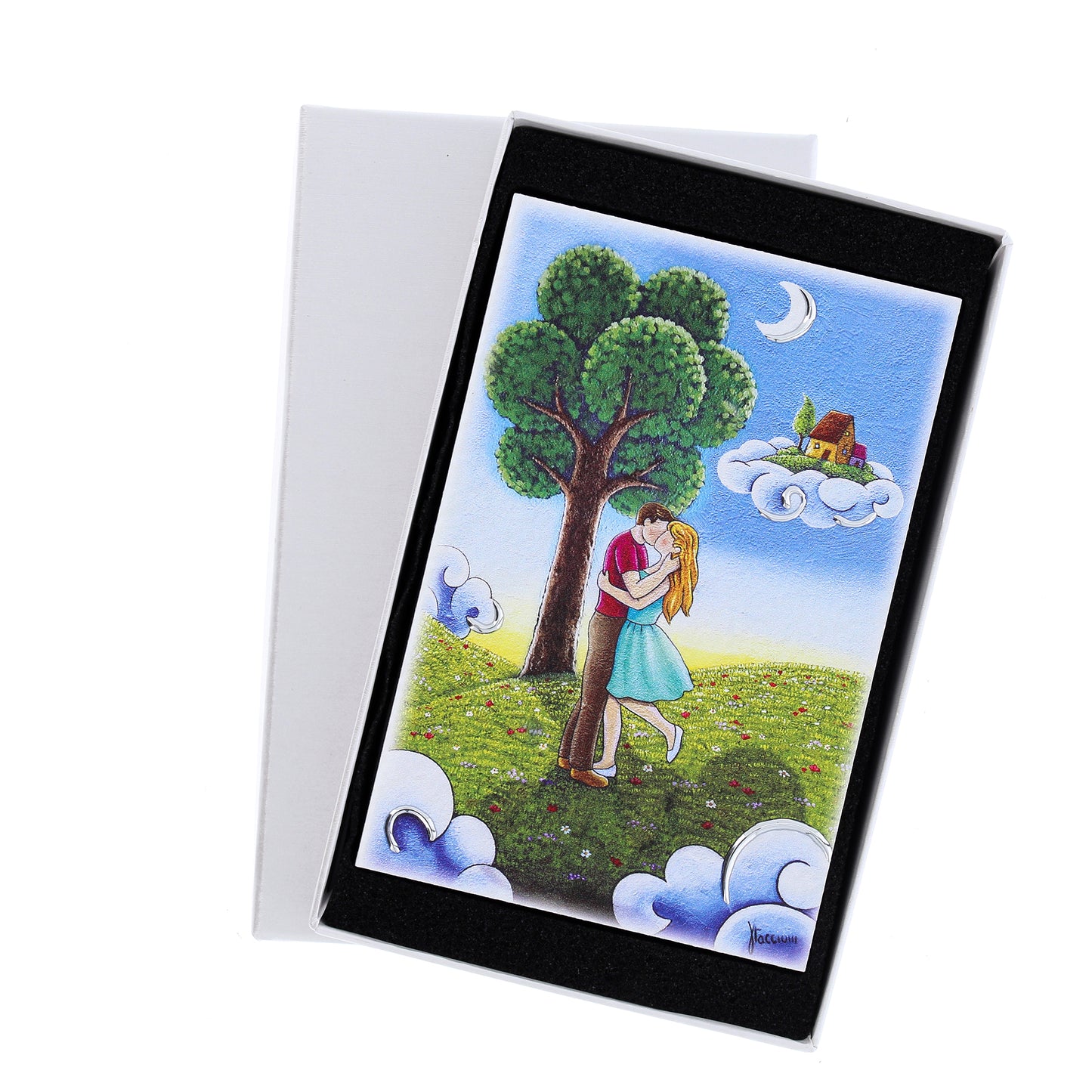 Quadro in legno con dettagli argentati soggetto Il bacio. Dimensioni 10x15 cm
