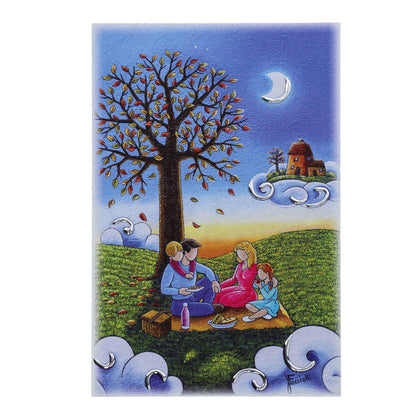 Quadro in legno con dettagli argentati soggetto Picnic in famiglia. Dimensioni 10x15 cm