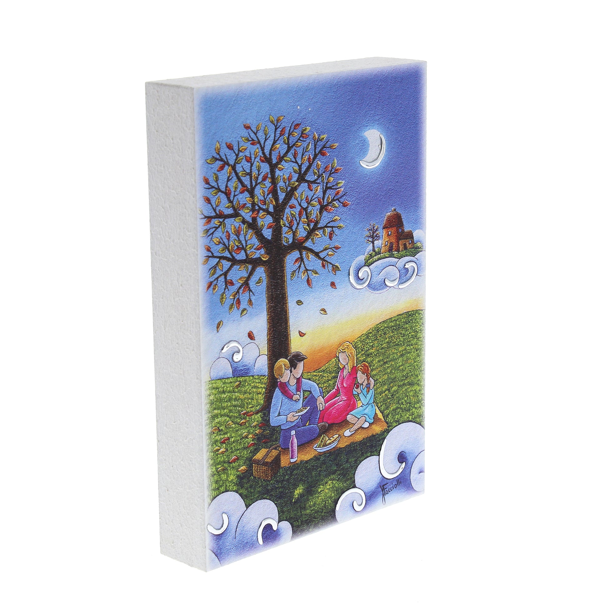 Quadro in legno con dettagli argentati soggetto Picnic in famiglia. Dimensioni 10x15 cm