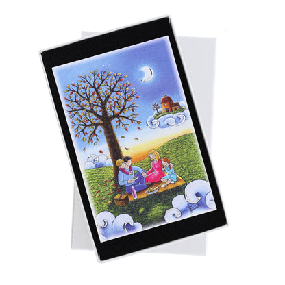 Quadro in legno con dettagli argentati soggetto Picnic in famiglia. Dimensioni 10x15 cm