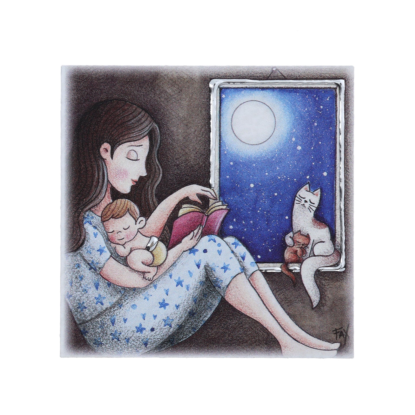 Quadro in legno con dettagli argentati soggetto Mamma. Dimensioni 10x10 cm