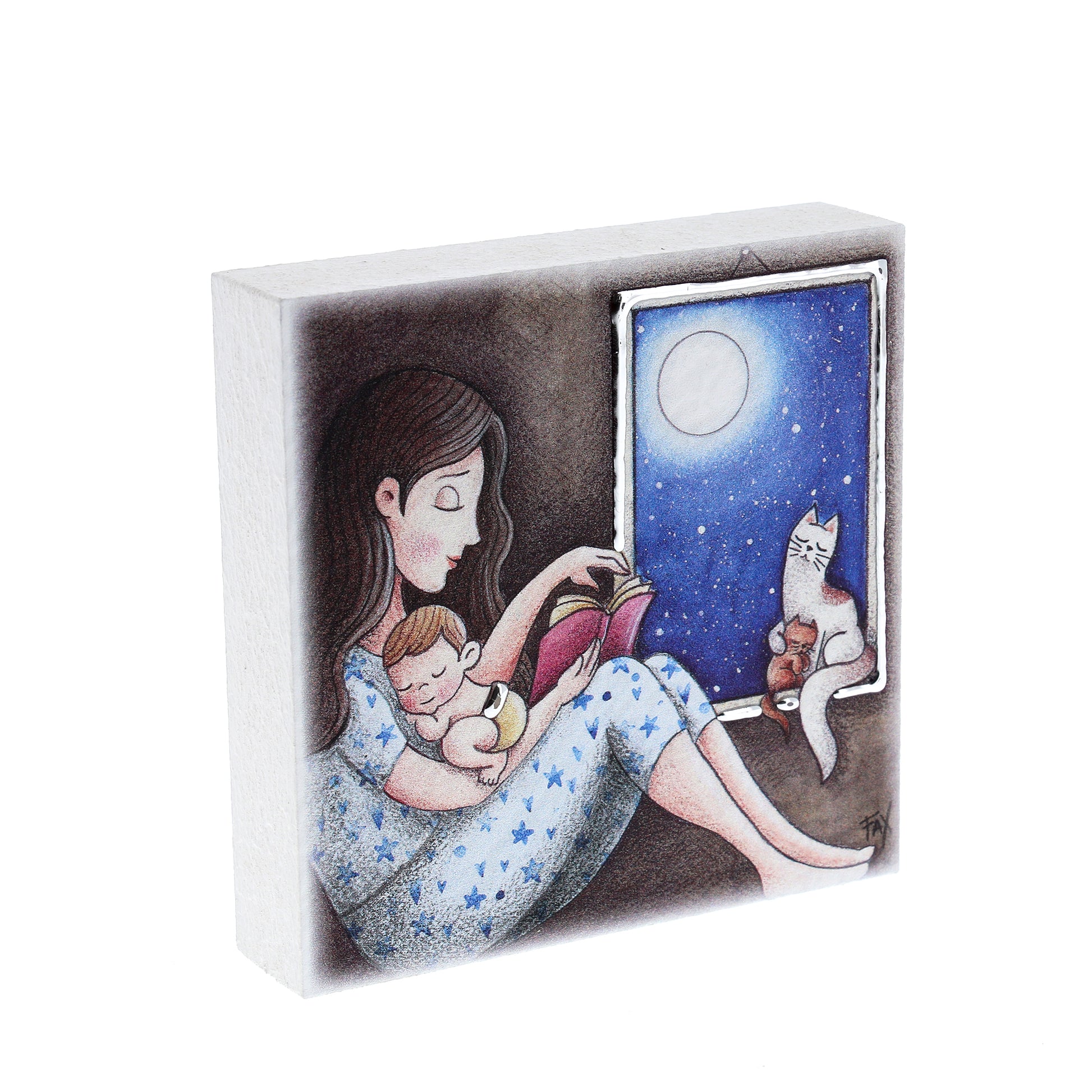 Quadro in legno con dettagli argentati soggetto Mamma. Dimensioni 10x10 cm