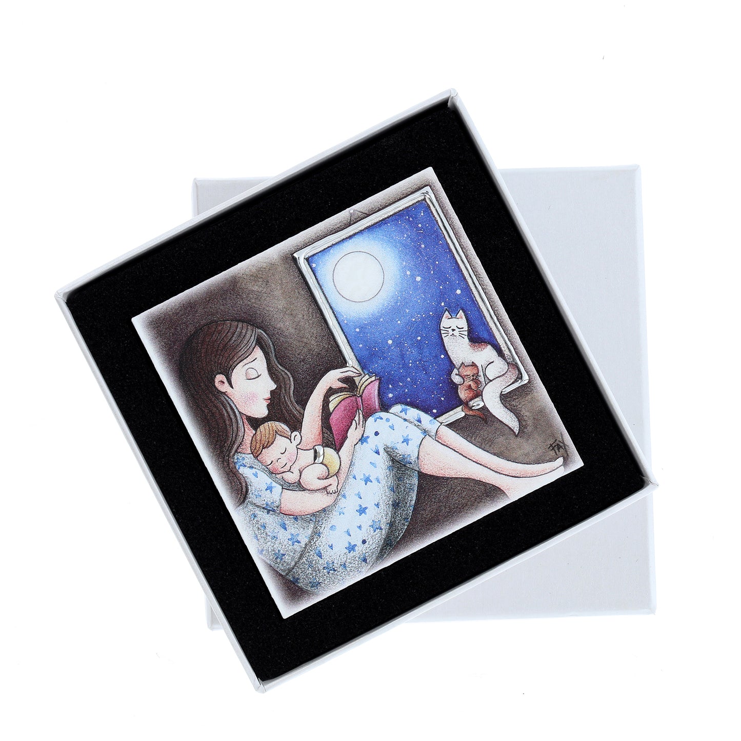 Quadro in legno con dettagli argentati soggetto Mamma. Dimensioni 10x10 cm
