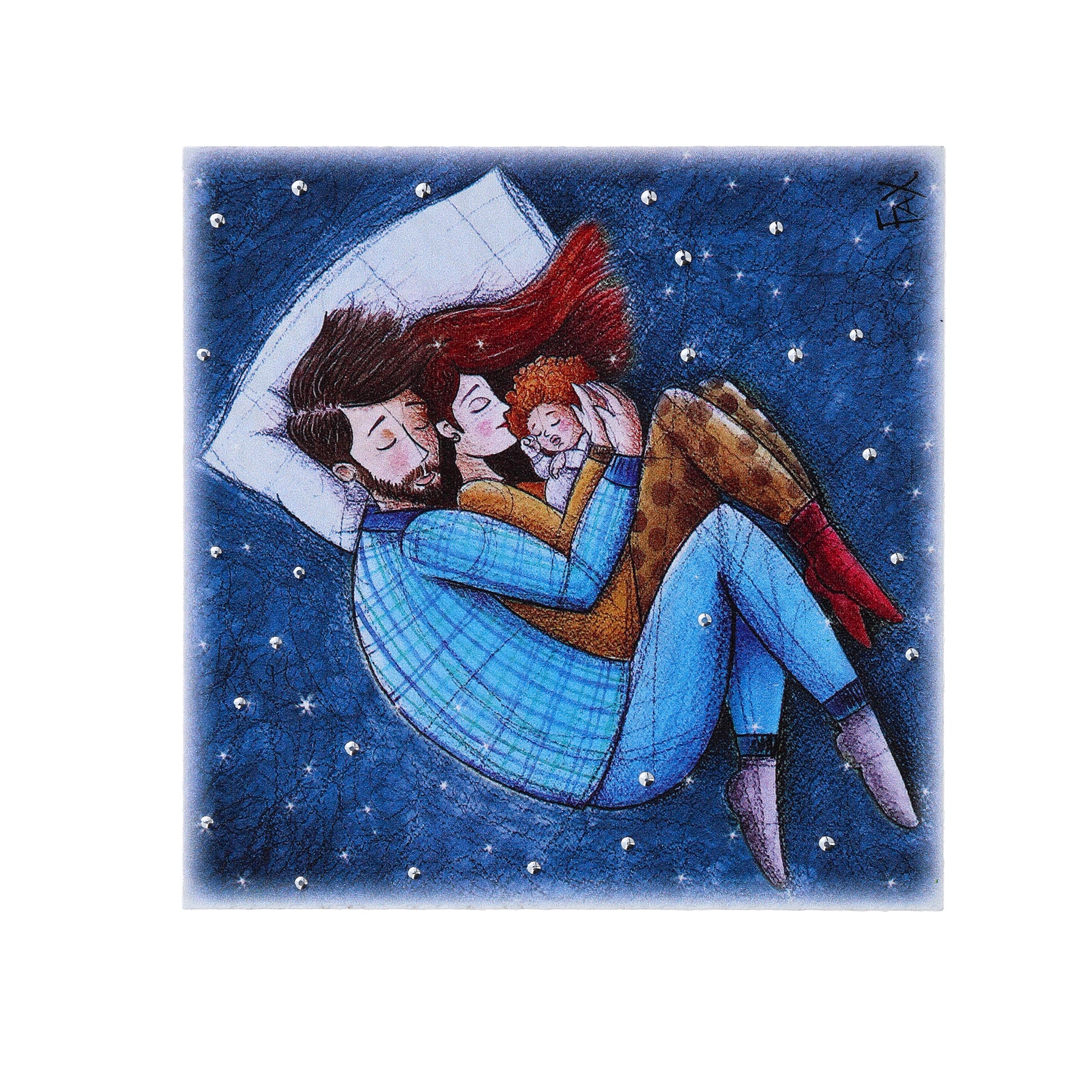 Quadro in legno con dettagli argentati soggetto Caldo Abbraccio. Dimensioni 10x10 cm