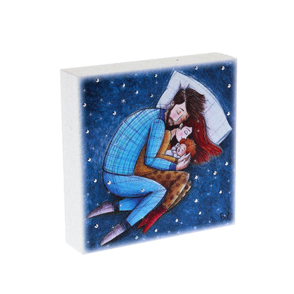 Quadro in legno con dettagli argentati soggetto Caldo Abbraccio. Dimensioni 10x10 cm