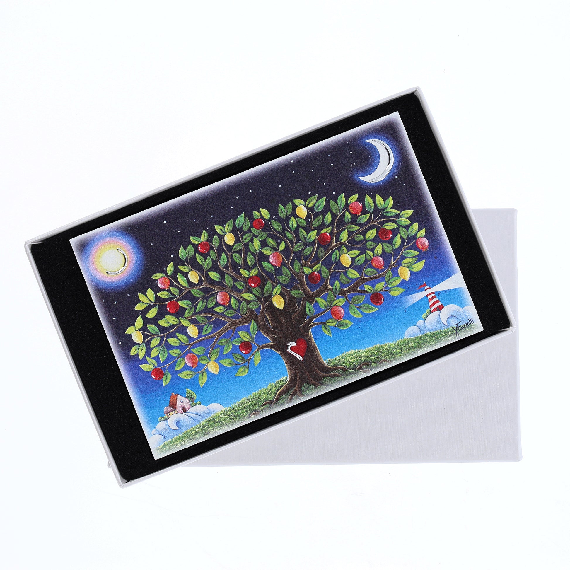 Quadro in legno con dettagli argentati soggetto Albero della Vita. Dimensioni 15x10 cm