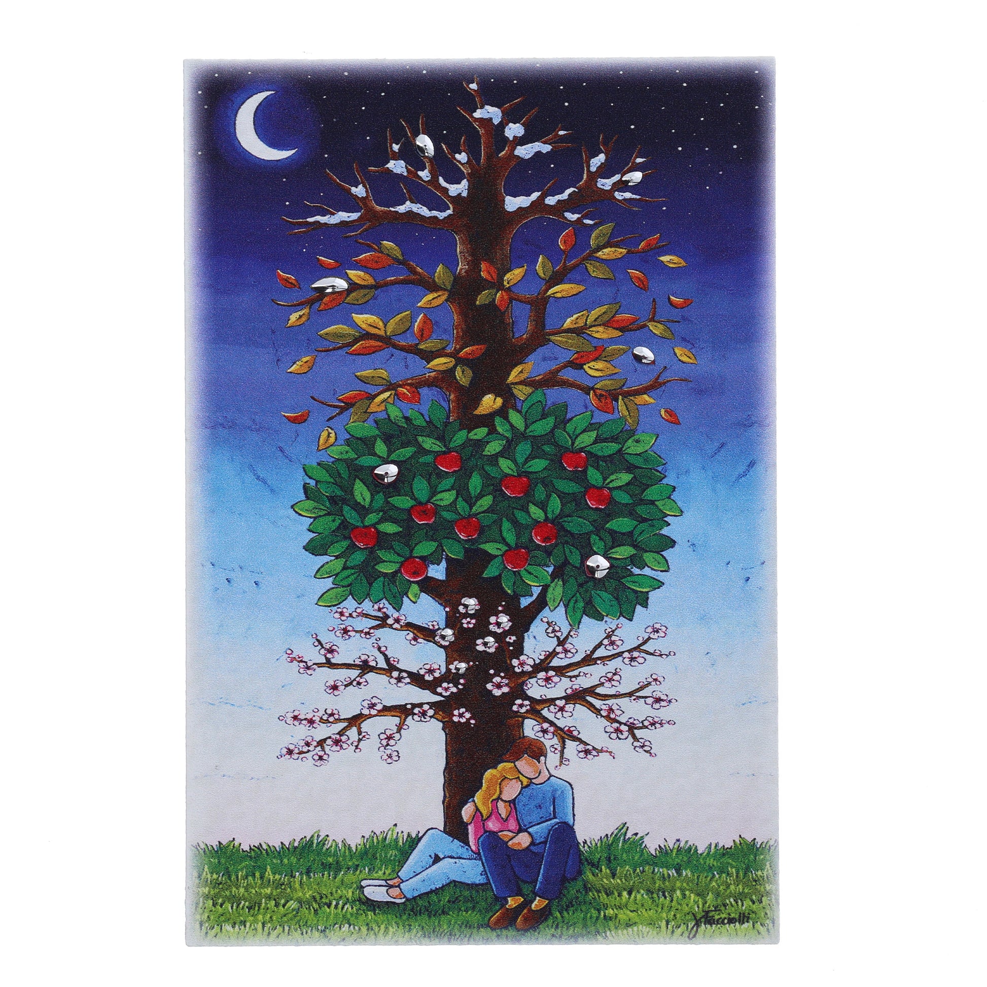 Quadro in legno con dettagli argentati soggetto Albero delle Stagioni. Dimensioni 15x10 cm