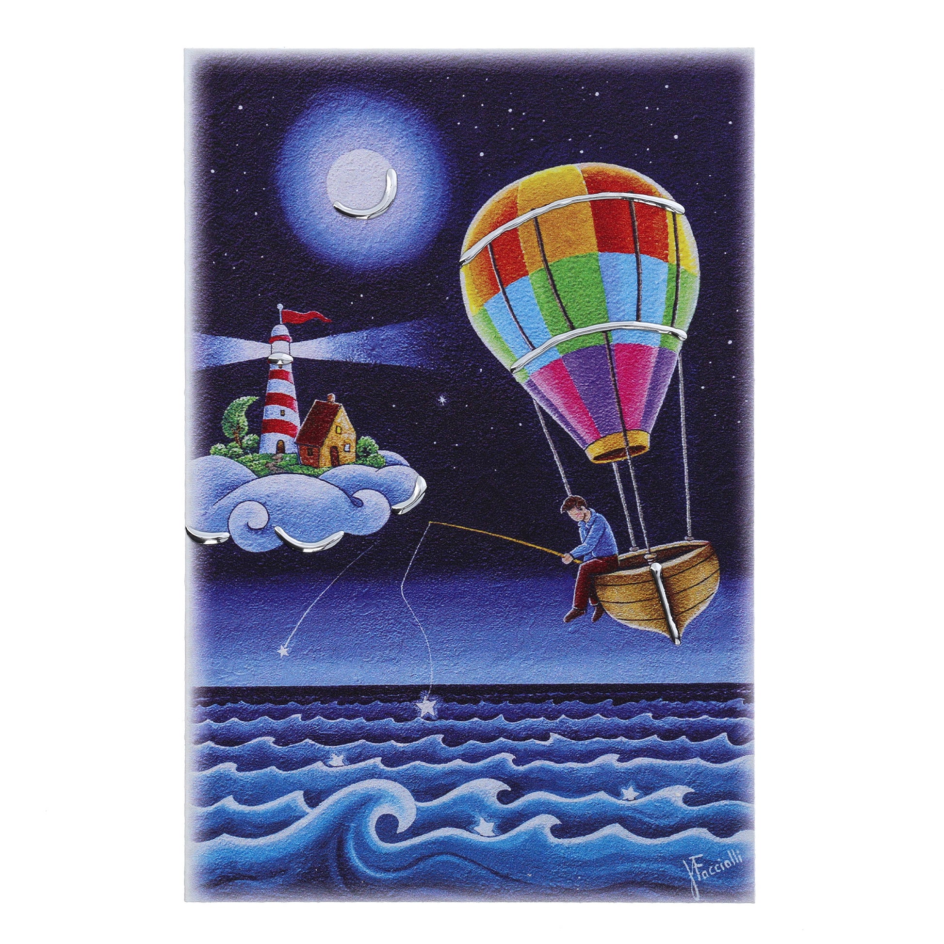 Quadro in legno con dettagli argentati soggetto A pesca di sogni. Dimensioni 10x15 cm