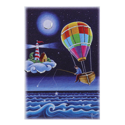 Quadro in legno con dettagli argentati soggetto A pesca di sogni. Dimensioni 10x15 cm