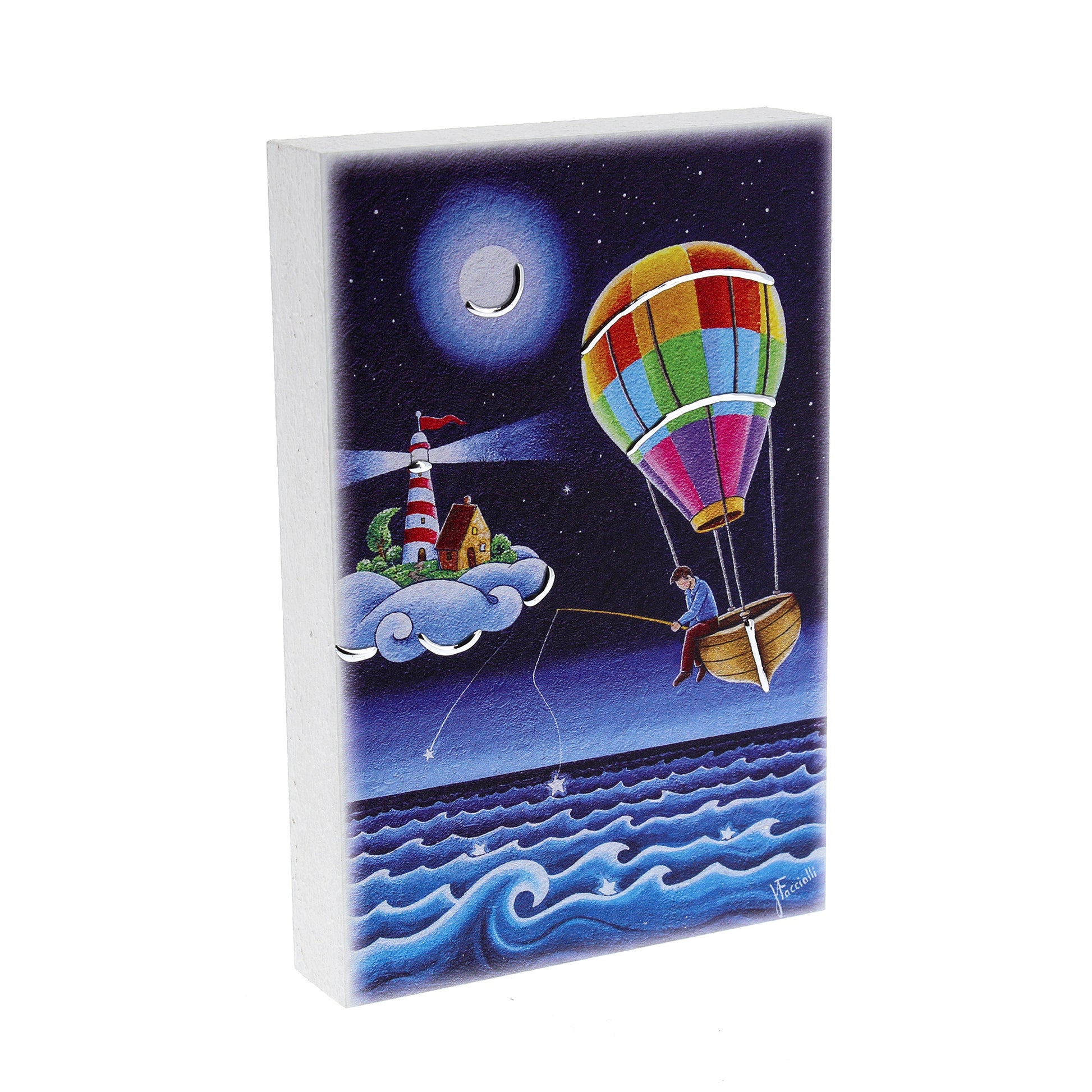 Quadro in legno con dettagli argentati soggetto A pesca di sogni. Dimensioni 10x15 cm