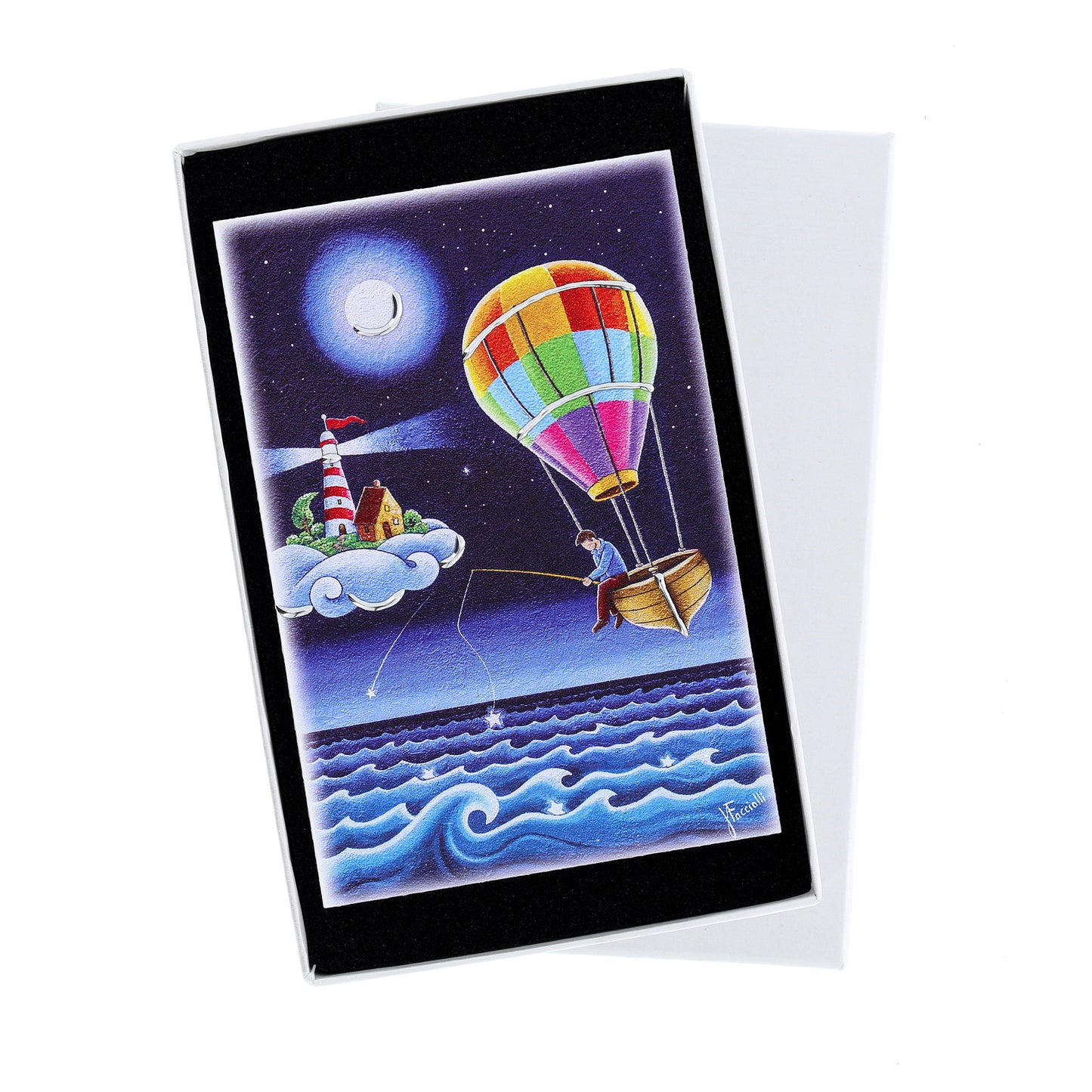 Quadro in legno con dettagli argentati soggetto A pesca di sogni. Dimensioni 10x15 cm
