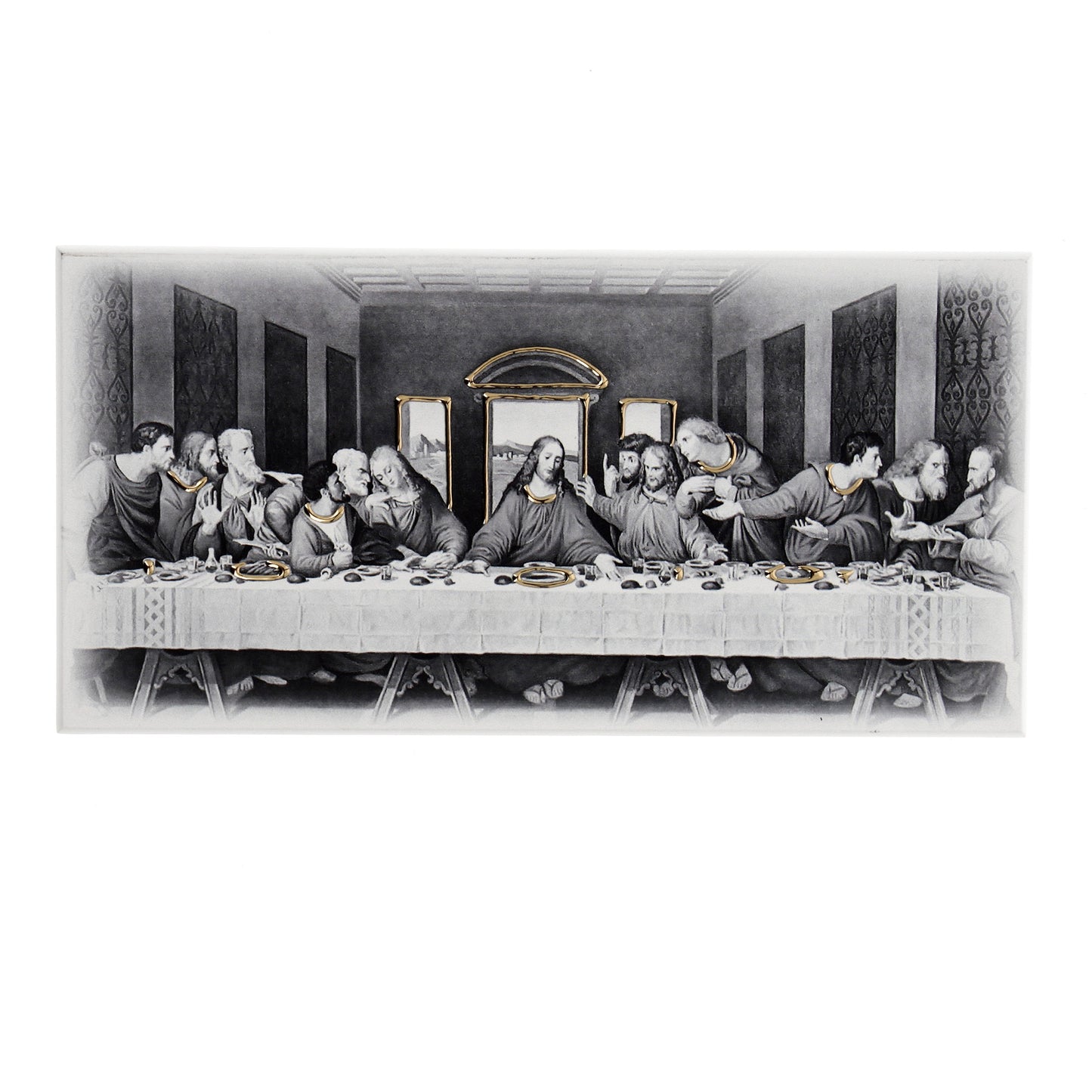 Quadro Ultima Cena in legno con dettagli dorati. Dimensioni 21X10,5 cm