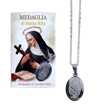 Catenina con ciondolo medaglia Santa Rita in acciaio.