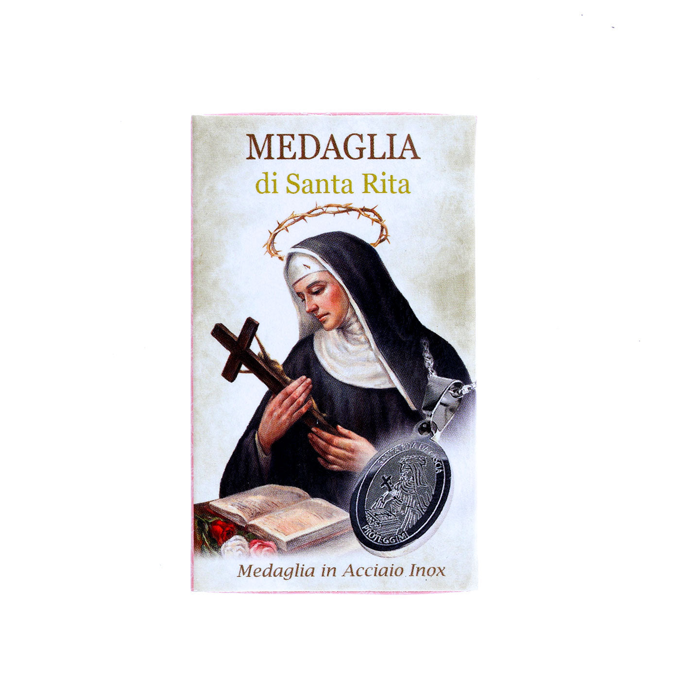 Catenina con ciondolo medaglia Santa Rita in acciaio.