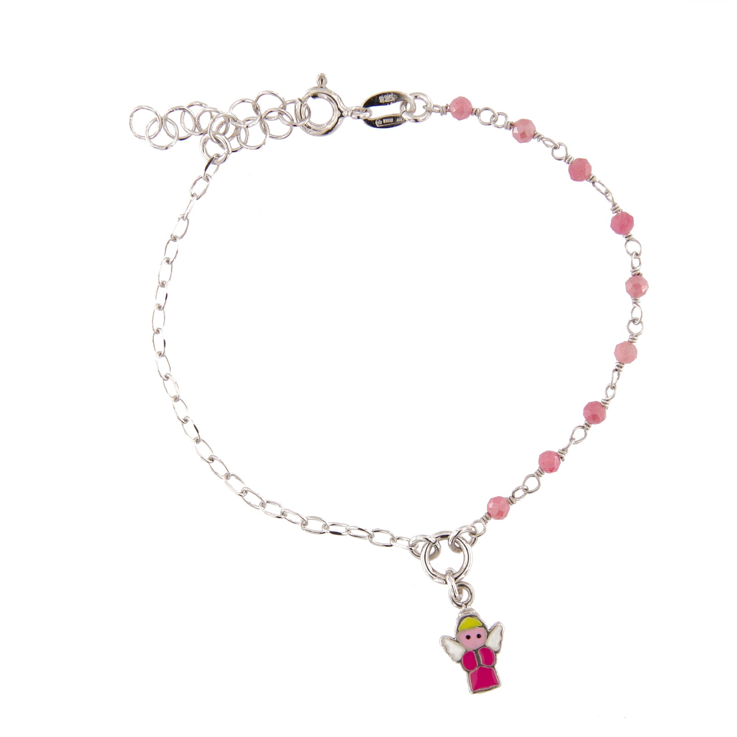 Braccialetto in argento 925 con elementi smaltati e angioletto. Lunghezza 16,7 cm
