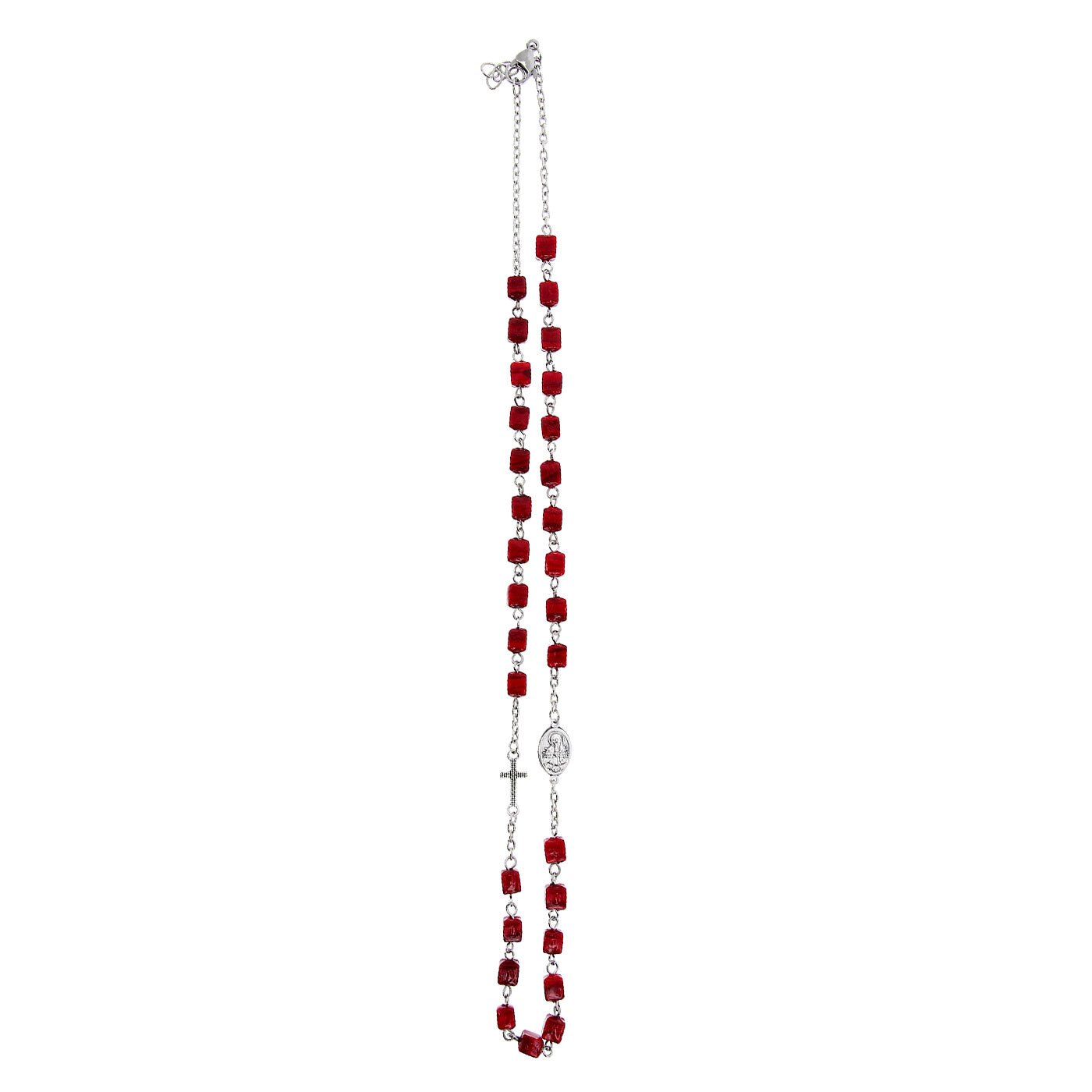 Collana Addolorata grani cubo rosso in vetro di Murano, 6 mm