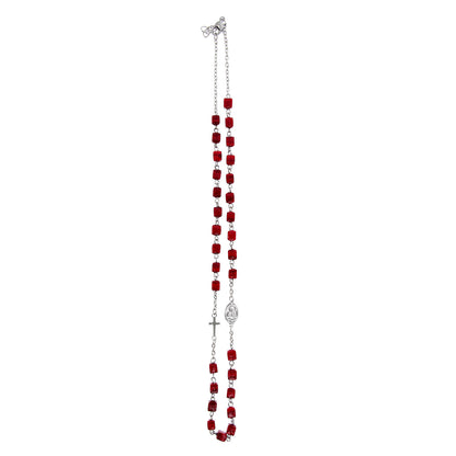 Collana Addolorata grani cubo rosso in vetro di Murano, 6 mm