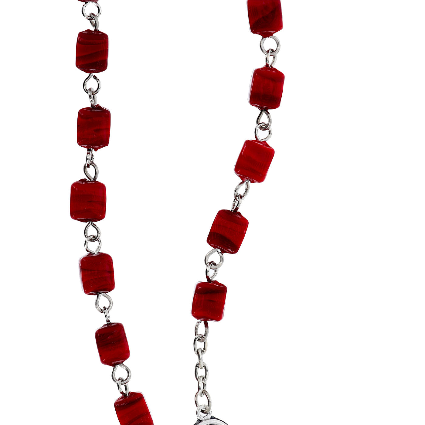 Collana Addolorata grani cubo rosso in vetro di Murano, 6 mm