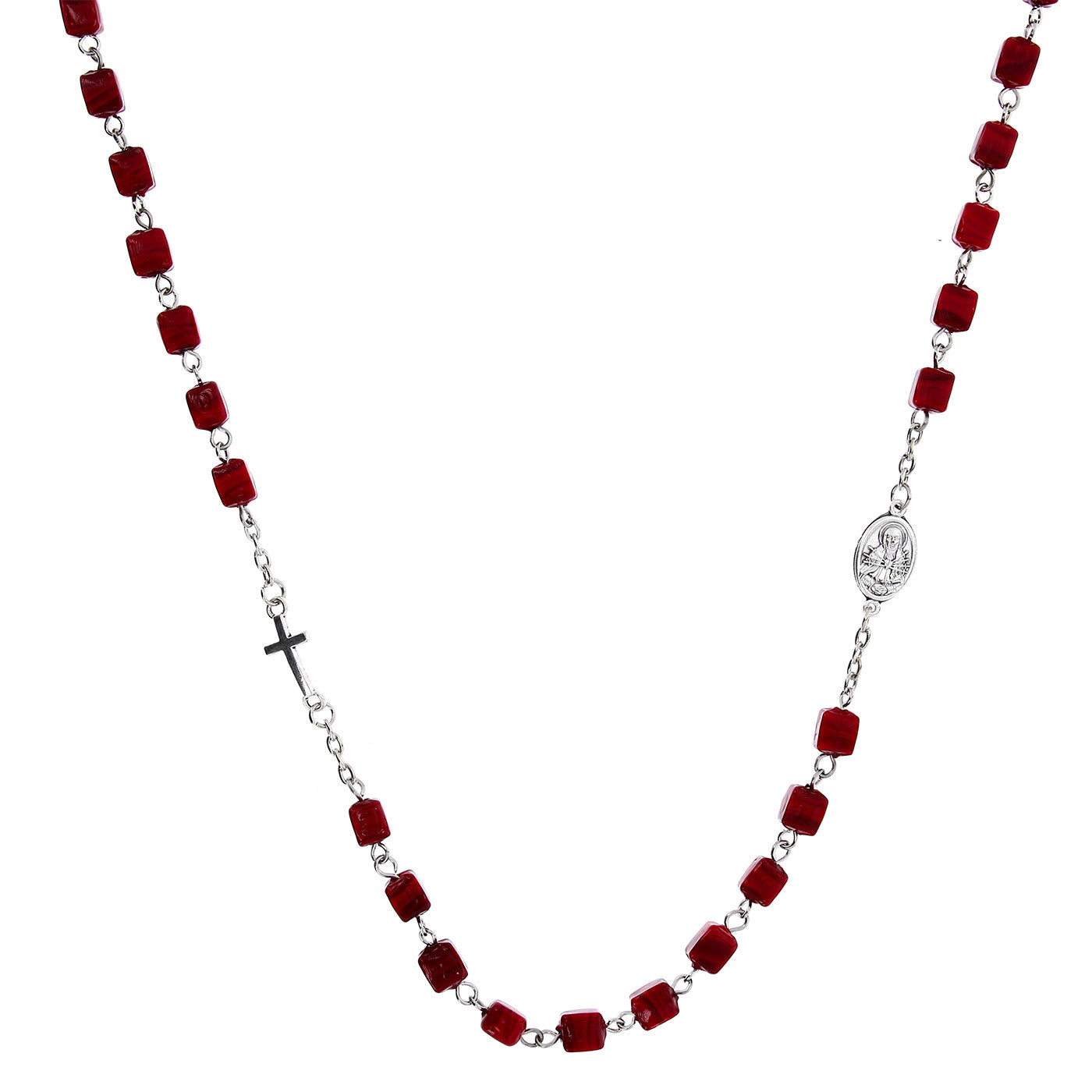 Collana Addolorata grani cubo rosso in vetro di Murano, 6 mm