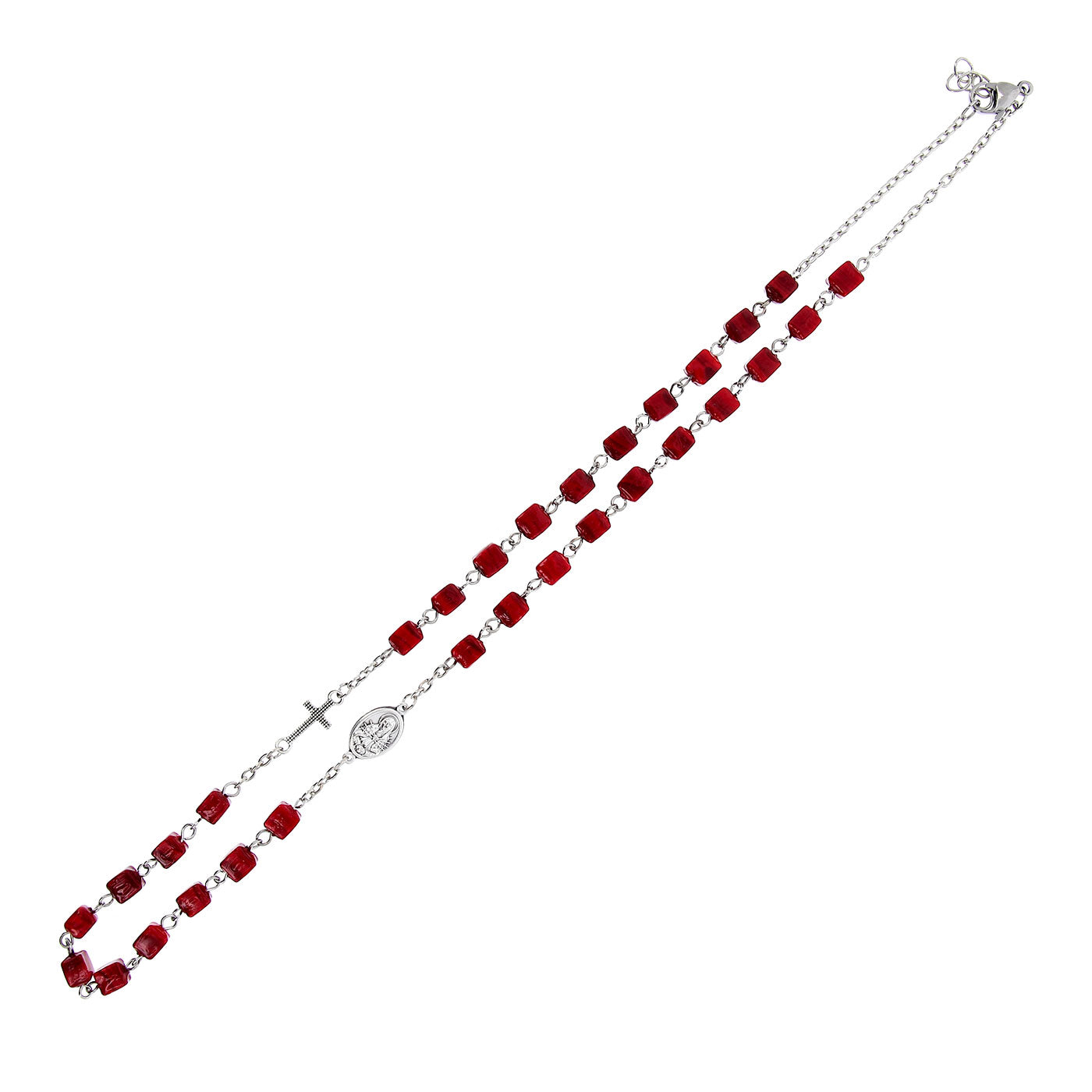 Collana Addolorata grani cubo rosso in vetro di Murano, 6 mm