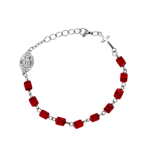 Bracciale Addolorata con grani cubo rosso in vetro di Murano, 6 mm