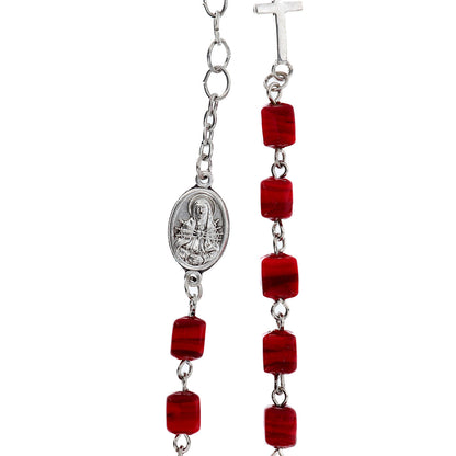 Bracciale Addolorata con grani cubo rosso in vetro di Murano, 6 mm