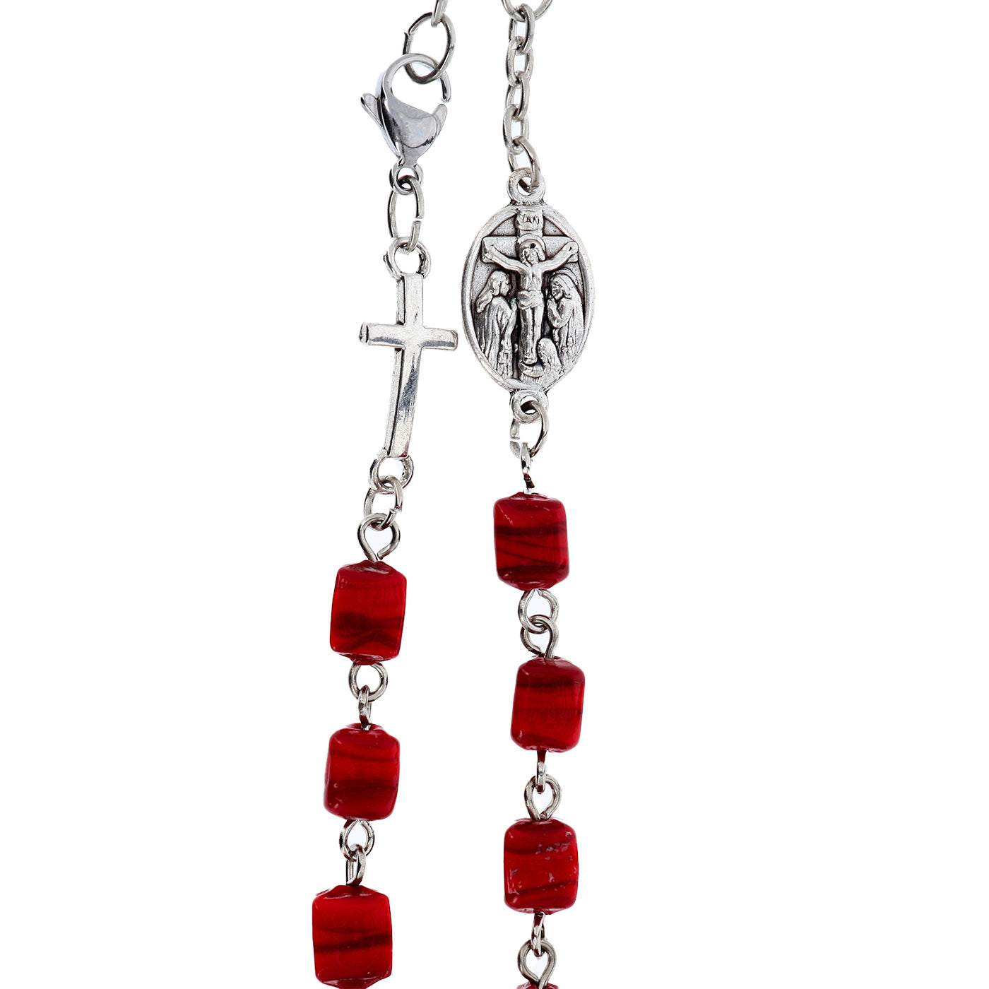 Bracciale Addolorata con grani cubo rosso in vetro di Murano, 6 mm