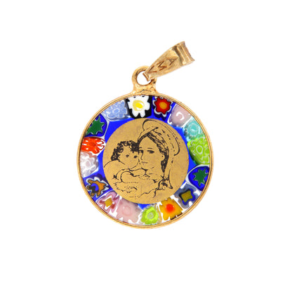 Ciondolo Murrina Madonna con bambino, argento 925 e vetro di Murano. Diametro 1,8 cm