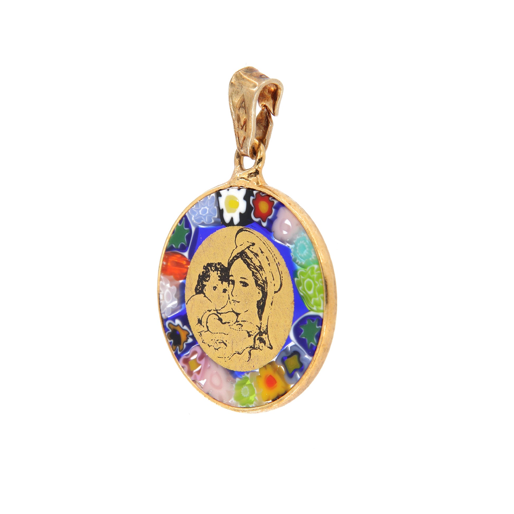 Ciondolo Murrina Madonna con bambino, argento 925 e vetro di Murano. Diametro 1,8 cm