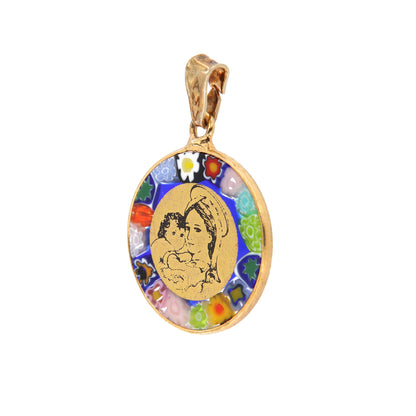 Ciondolo Murrina Madonna con bambino, argento 925 e vetro di Murano. Diametro 1,8 cm