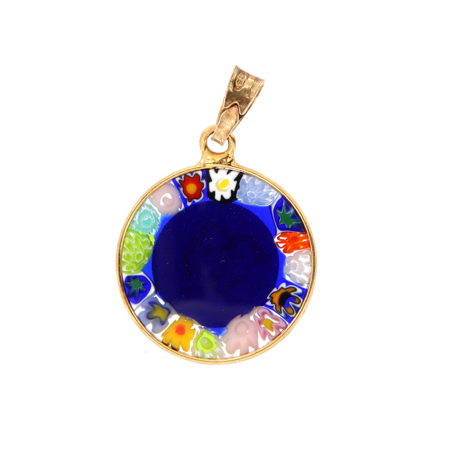 Ciondolo Murrina Madonna con bambino, argento 925 e vetro di Murano. Diametro 1,8 cm