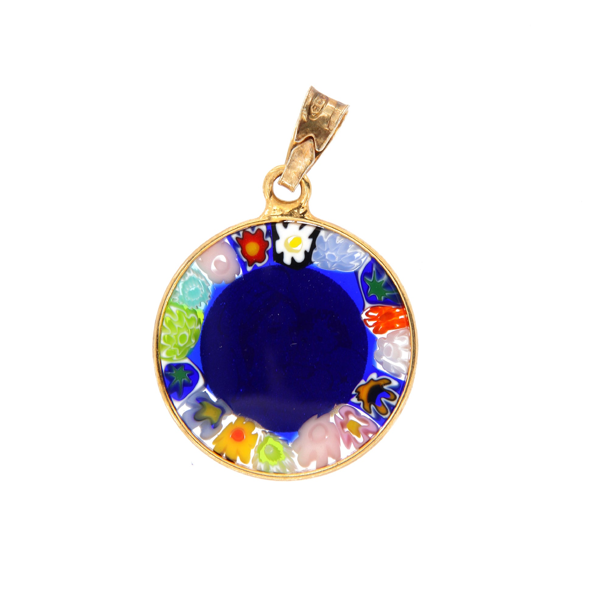 Ciondolo Murrina Madonna con bambino, argento 925 e vetro di Murano. Diametro 1,8 cm