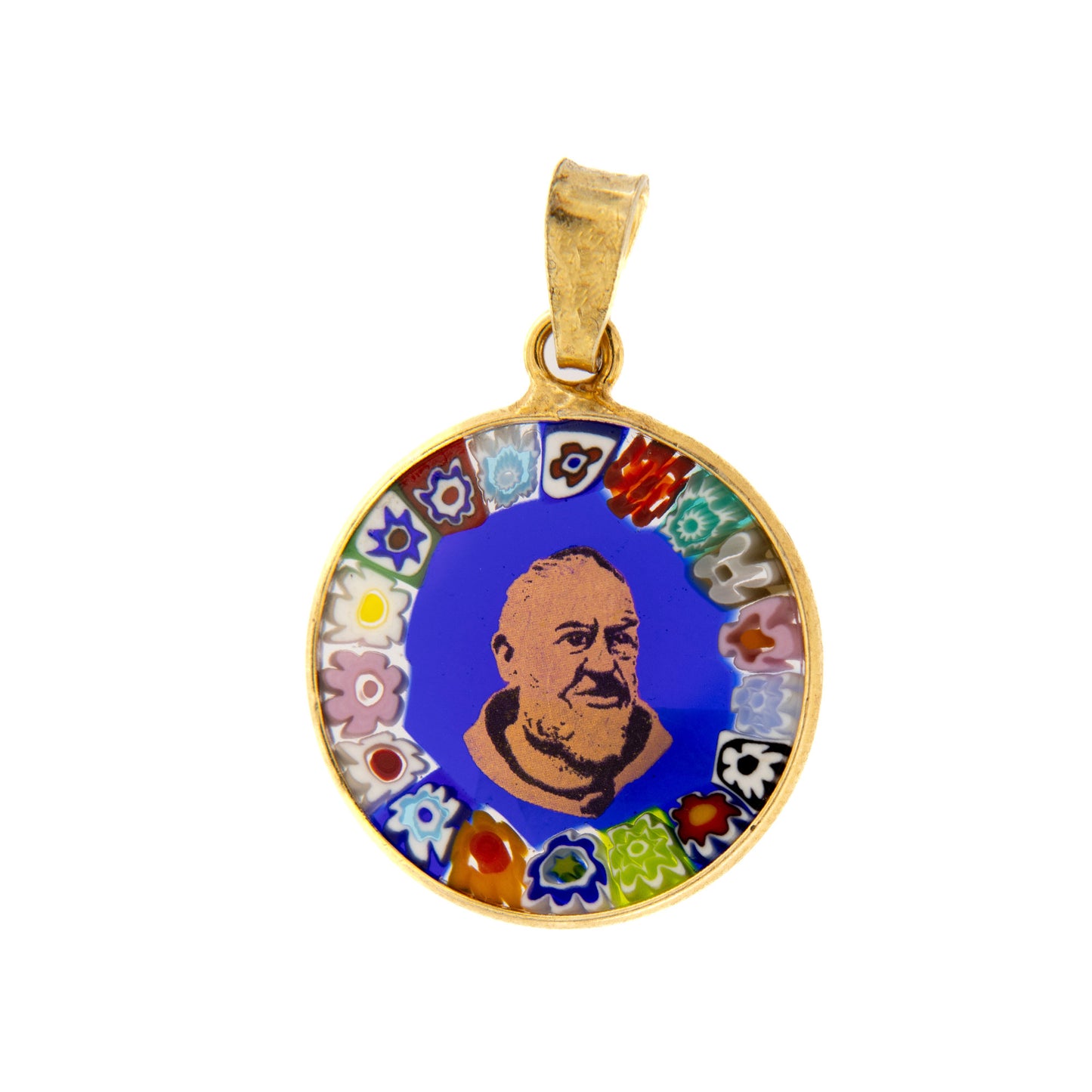 Ciondolo Murrina Padre Pio, argento 925 e vetro di Murano. Diametro 1,8 cm