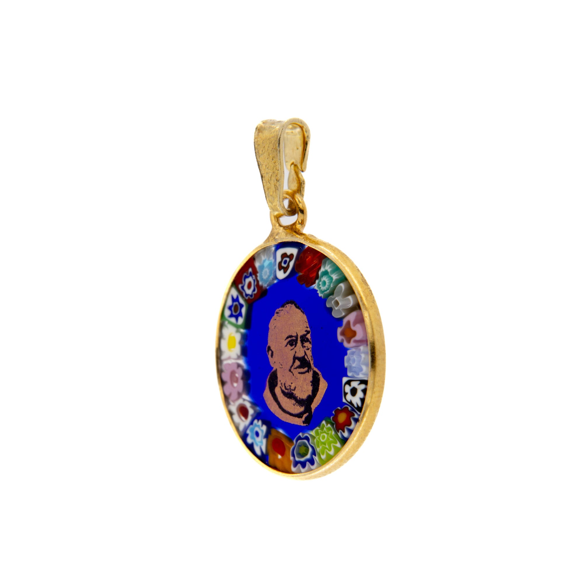 Ciondolo Murrina Padre Pio, argento 925 e vetro di Murano. Diametro 1,8 cm